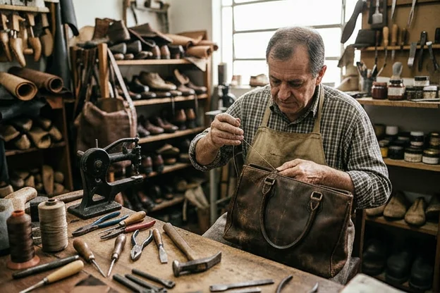 Sapateiro trabalhando na reforma de uma bolsa de couro.
