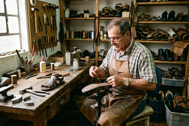 Sapateiro consertando sandálias com materiais apropriados.