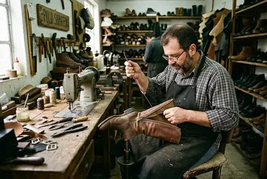 Sapateiro ajustando o zíper de uma bota com ferramentas de trabalho.