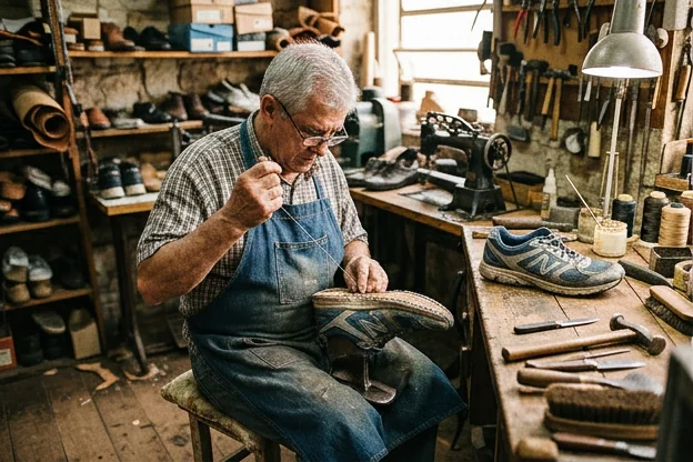Sapateiro realizando reparo em tênis.